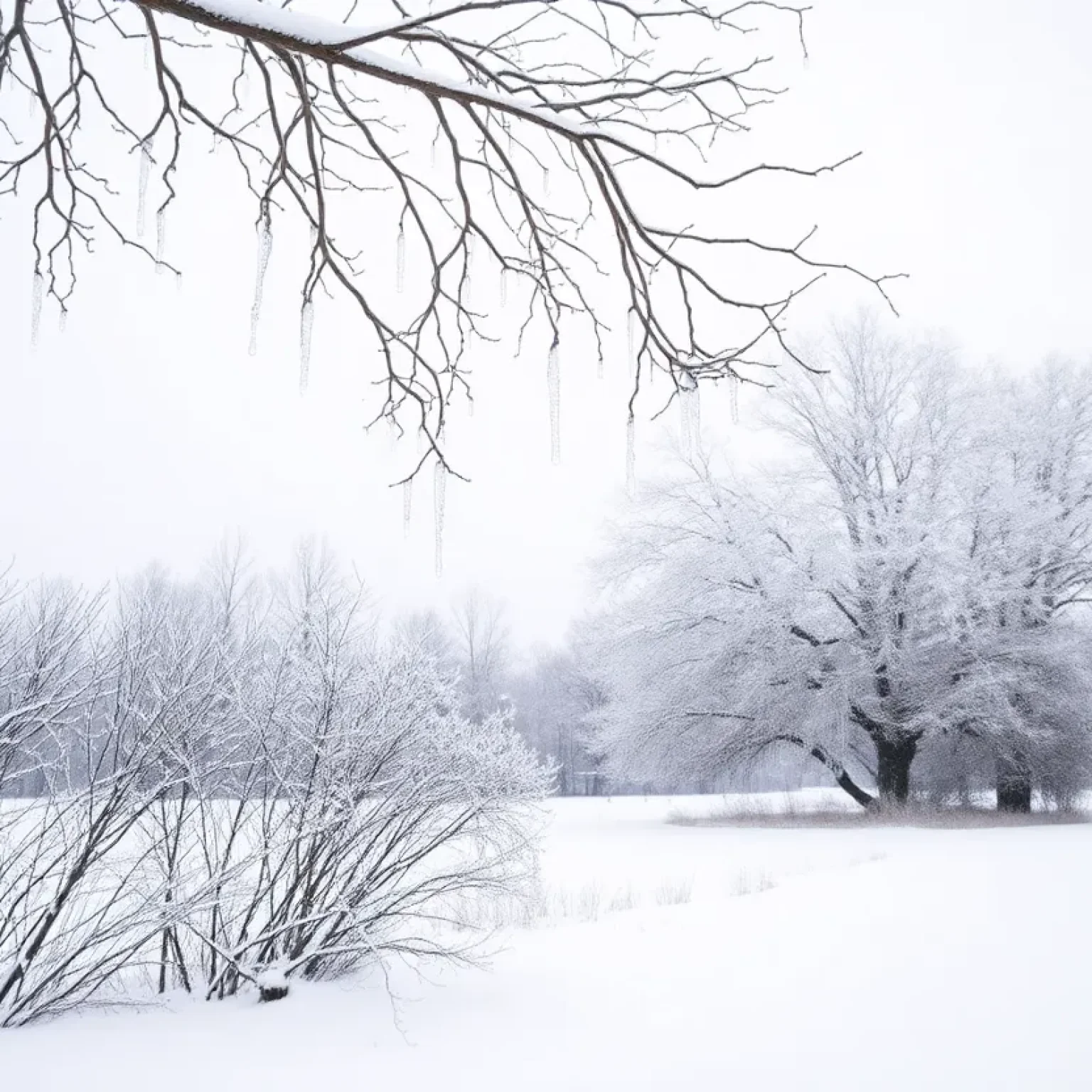 A winter landscape in the Central Savannah River Area after a storm, featuring snow-covered trees and icicles.