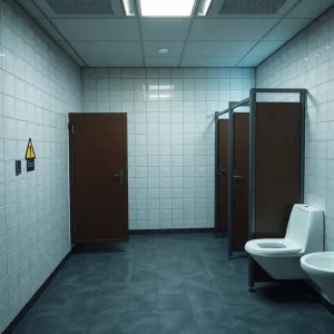 Interior of a public restroom emphasizing privacy