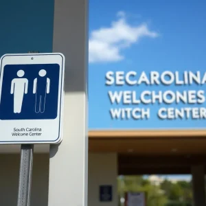 Sign indicating a public restroom at a welcome center