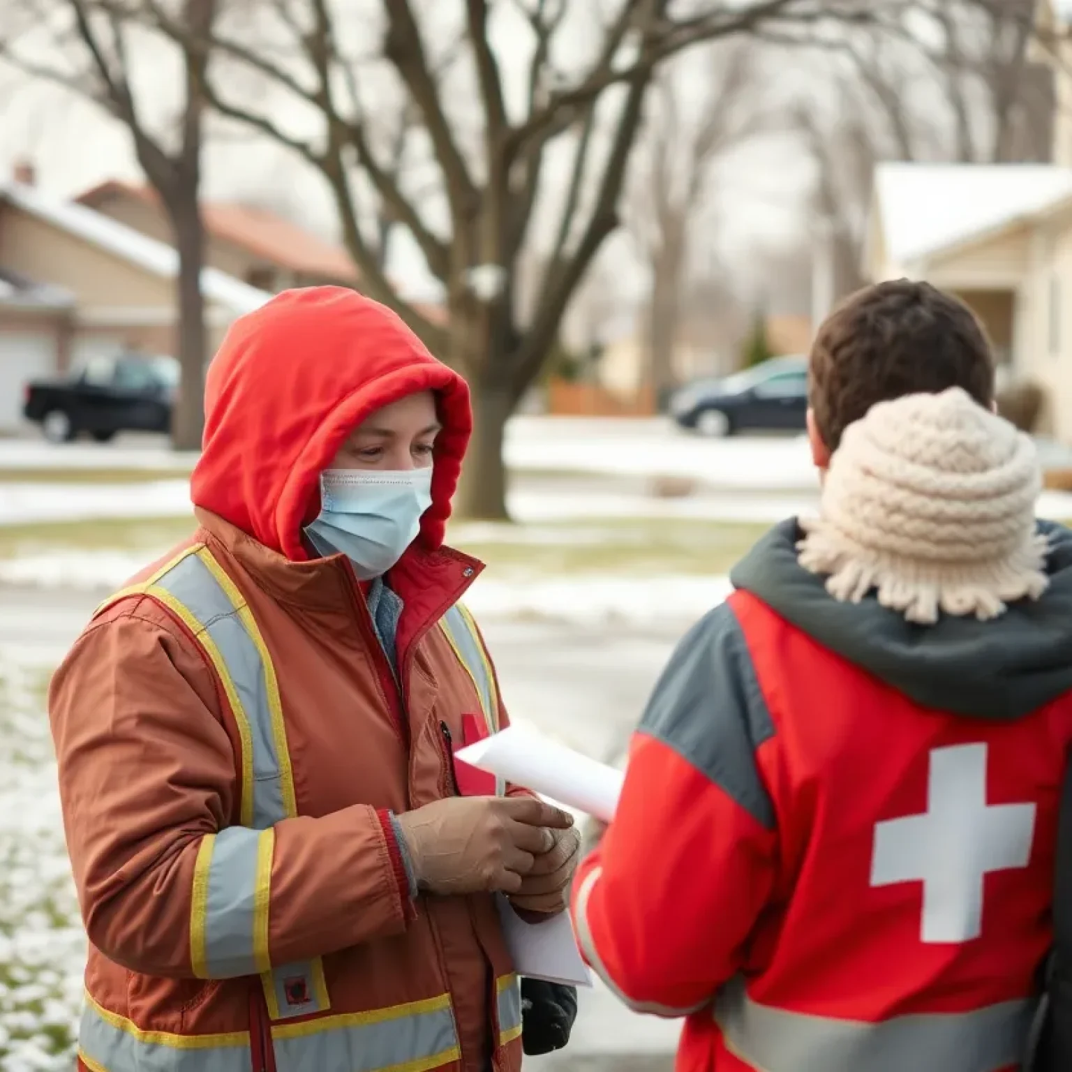 Red Cross volunteer providing aid to fire-affected family in winter