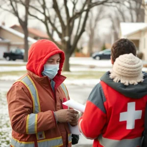 Red Cross volunteer providing aid to fire-affected family in winter