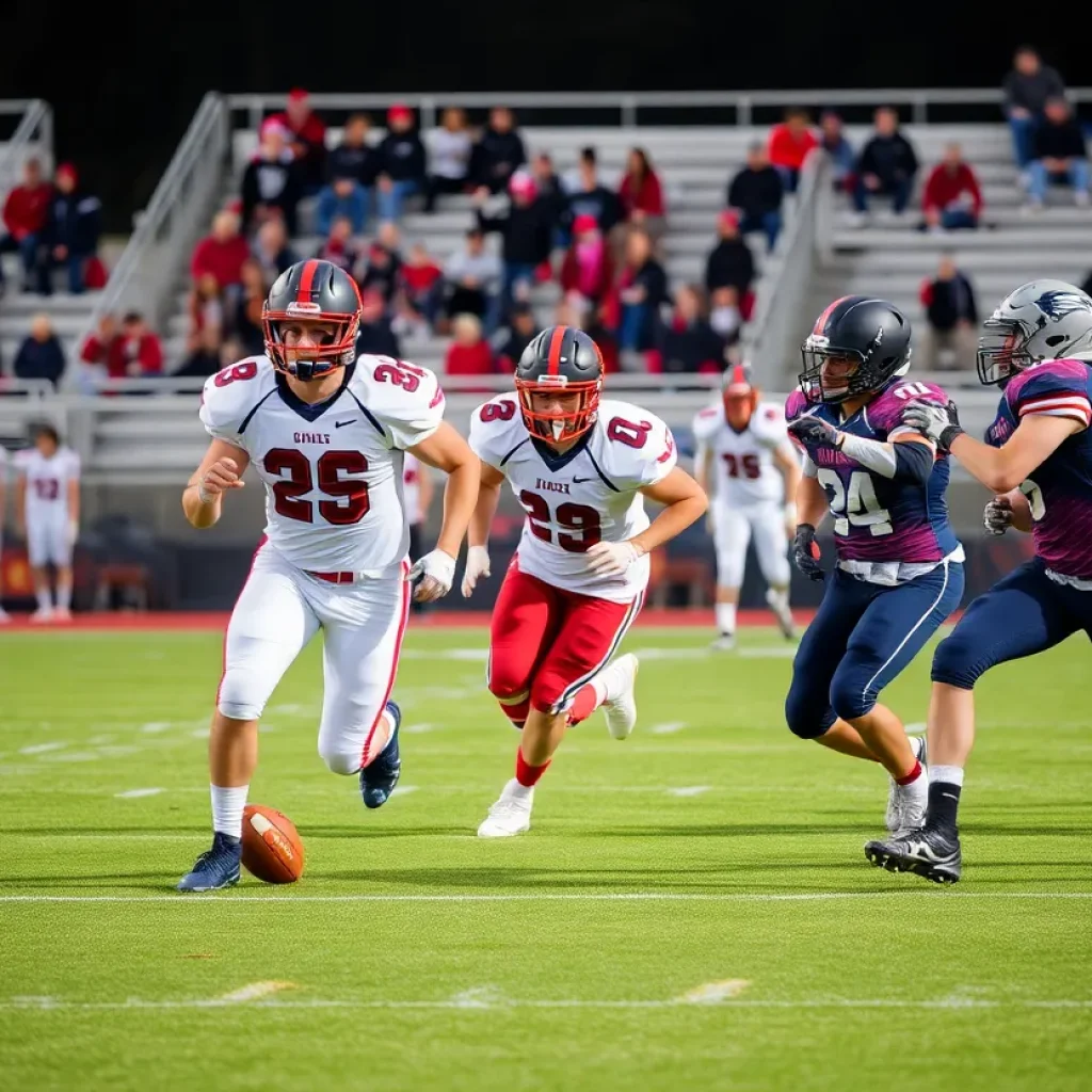 High school football players competing on the field