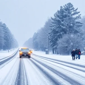 Winter storm affecting South Carolina with snow-covered landscape.