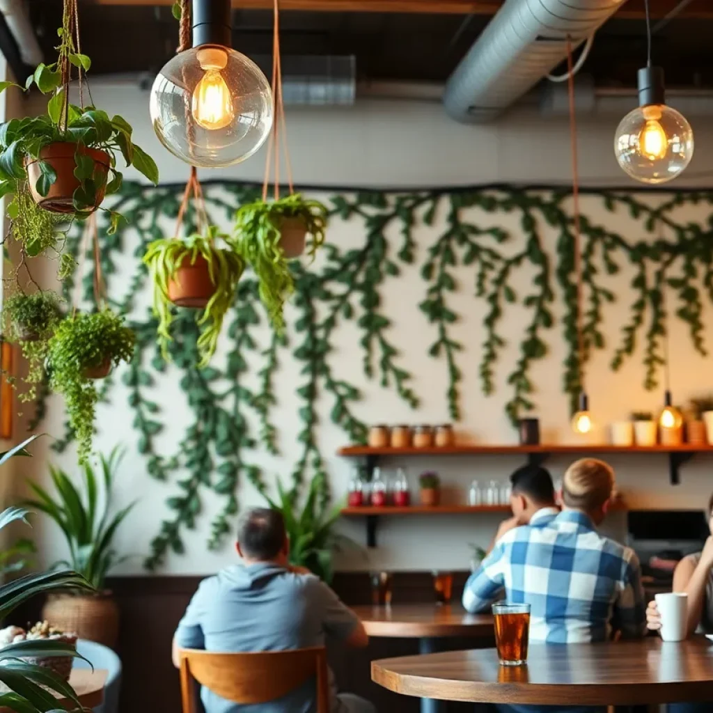 Interior view of Trellis Coffee Bar with plants and a mural