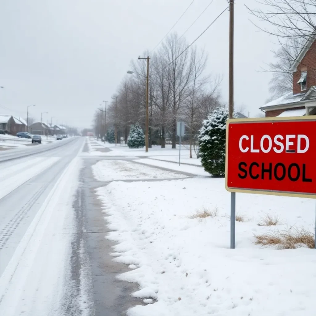 Snow-covered roads and a closed school sign in Aiken County