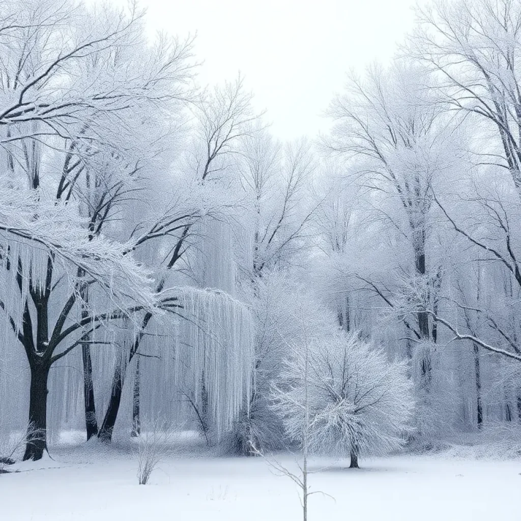 Icicles and snow covering trees in Aiken County during a winter storm