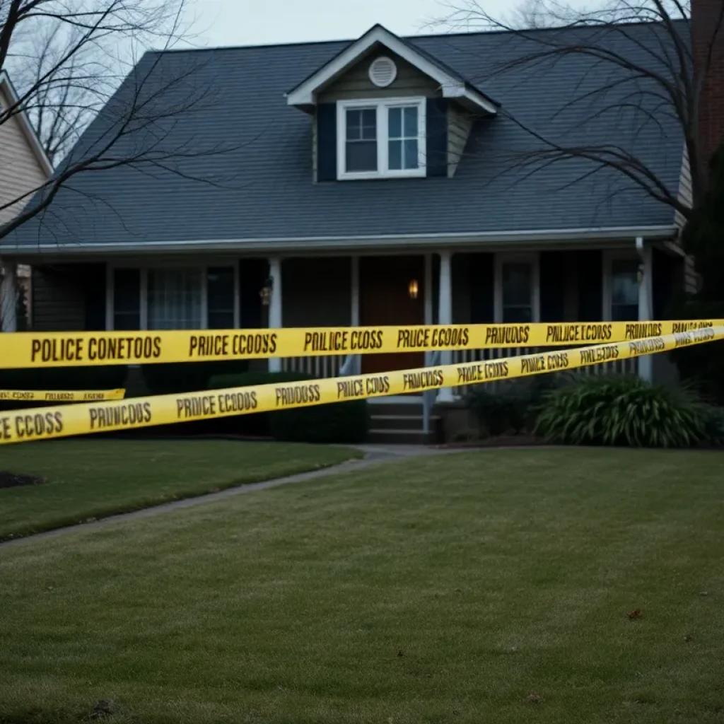 Suburban home surrounded by police tape after a tragic incident