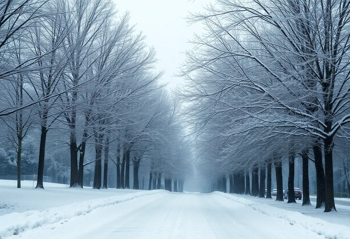 A snowy landscape in Columbia, South Carolina, showcasing the winter storm conditions.