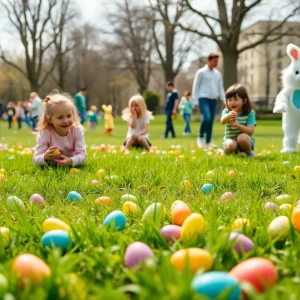 Families enjoy the Aiken Community Easter Egg Hunt with colorful eggs in the park.