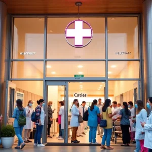 Exterior view of Aiken Regional Medical Centers with healthcare professionals and patients