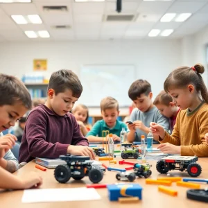 Students engaged in STEM activities in a modern classroom