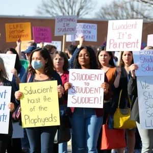 Teachers and parents gathering for a rally in Aiken, holding signs about student safety.