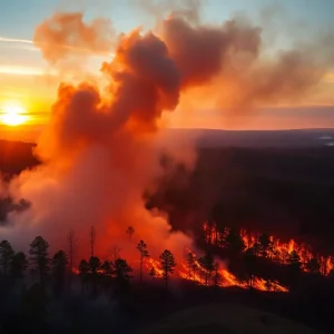 Aerial view of Carolina wildfires with firefighters on the ground.