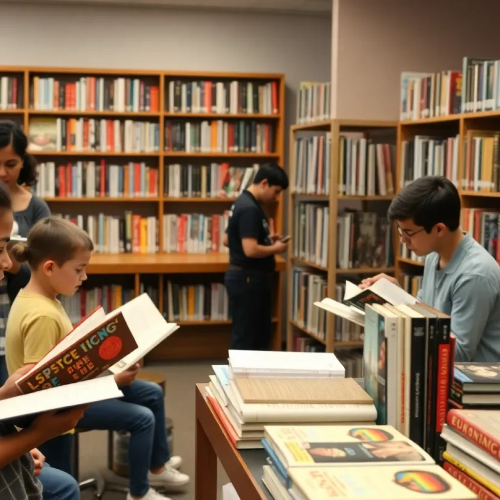 Diverse group of people in a library discussing books on LGBTQ representation.
