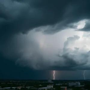 Dramatic storm clouds over Columbia during severe weather