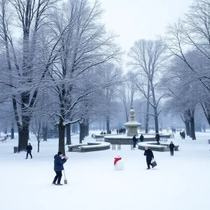 Snowy view of a park in Columbia with snow-covered trees and activities