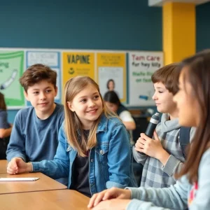 Students engaging in a vaping awareness activity in school.