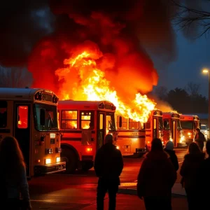 Firefighters extinguishing flames on school buses at Legacy Charter School