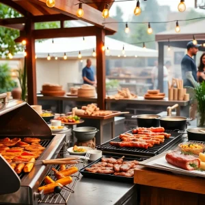 Outdoor cooking area with grills and BBQ food