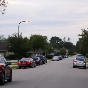 Suburban neighborhood in Lake Wylie, South Carolina, with parked cars