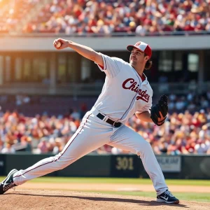 Baseball player pitching energetically on the field.