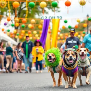 A lively Mardi Gras celebration in Aiken, SC, with colorful decorations and festive people.