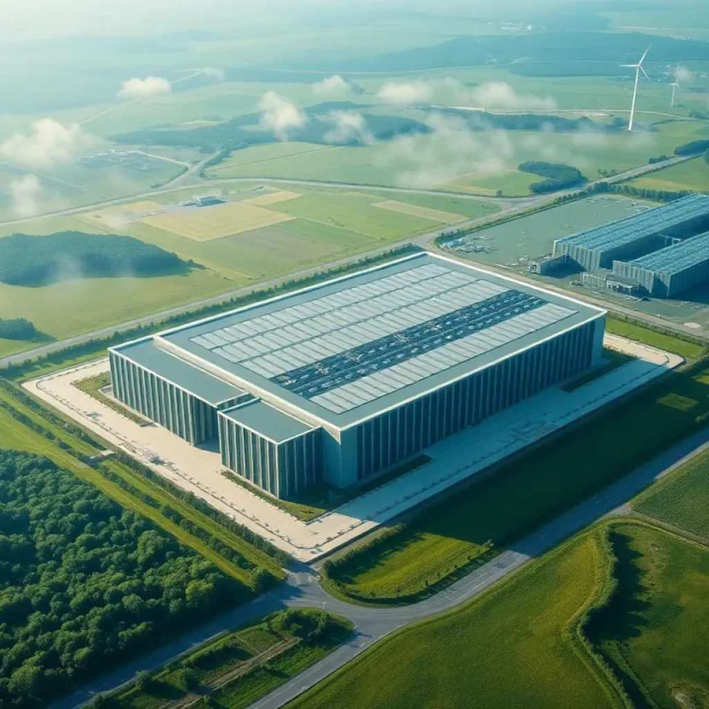 A view of the Meta data center in Aiken County, SC, showcasing renewable energy features.