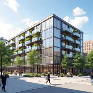 Rendering of a mixed-use building in downtown Aiken with trees and people present.
