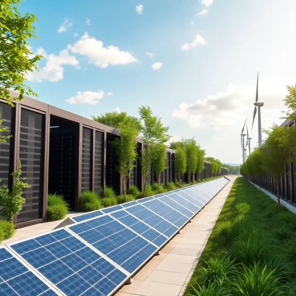 A conceptual image of a modern AI data center nestled in a green landscape.