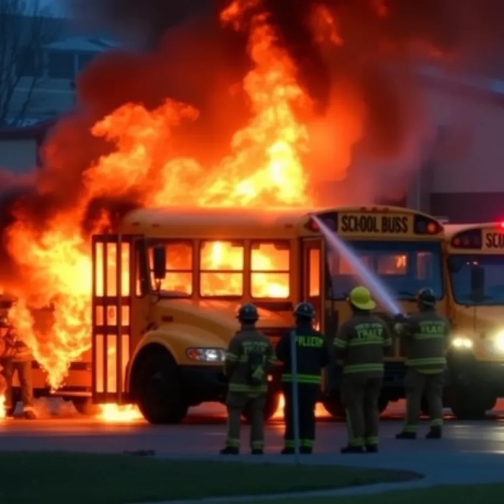 Firefighters extinguishing flames on school buses
