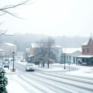 Snow flurries falling over Upstate South Carolina landscape