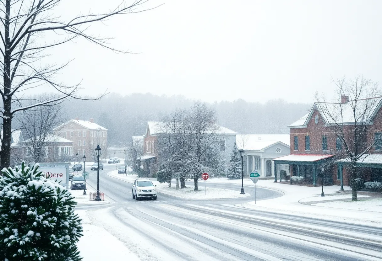 Snow flurries falling over Upstate South Carolina landscape