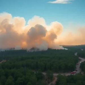 Table Rock Fire burning in the forest of South Carolina with firefighters on the field.