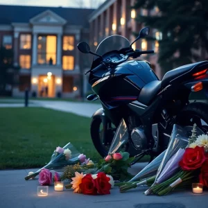 Memorial flowers at a university campus in honor of a student