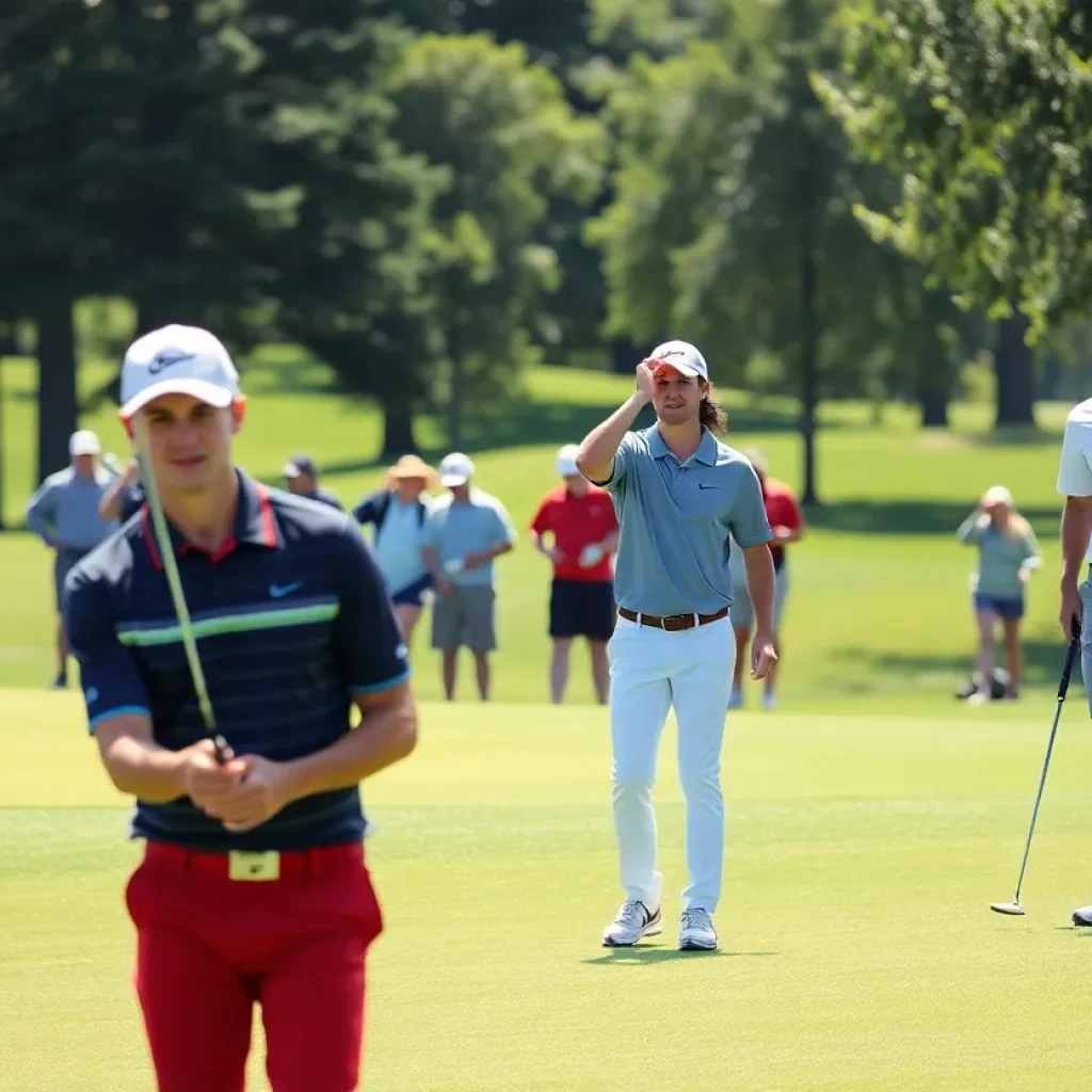 Group of collegiate golfers competing in a tournament on a green golf course.