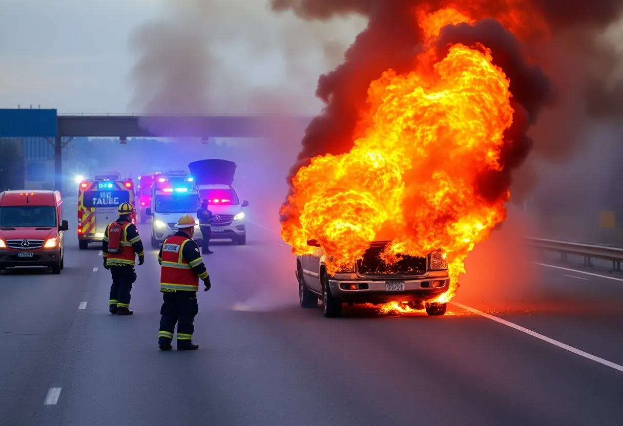 Firefighters battling a vehicle fire on I-77